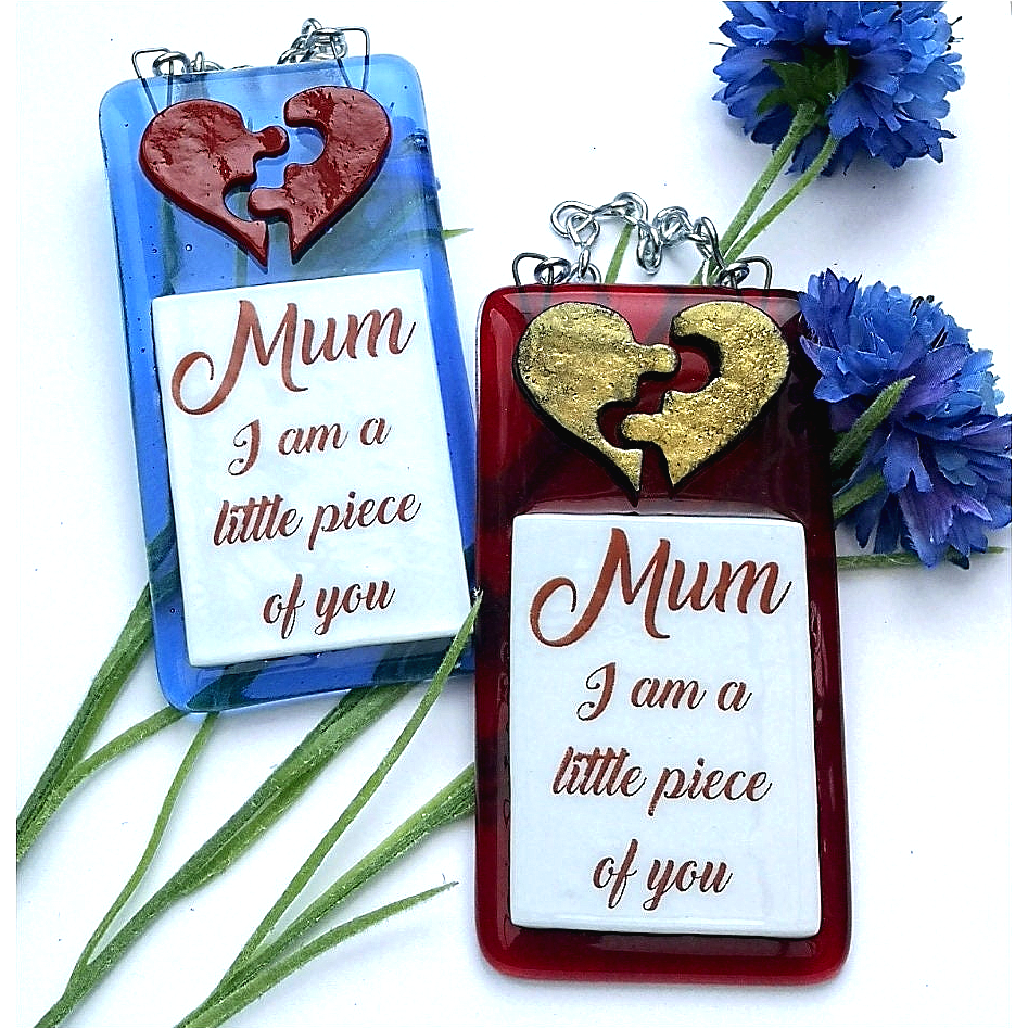 Handmade fused glass 3D Mum I Am A Piece Of You hanging picture decoration. Suncatcher, Mothers day present, gift for Mum, Dad, Nan, Grandmother. Jigsaw love heart.