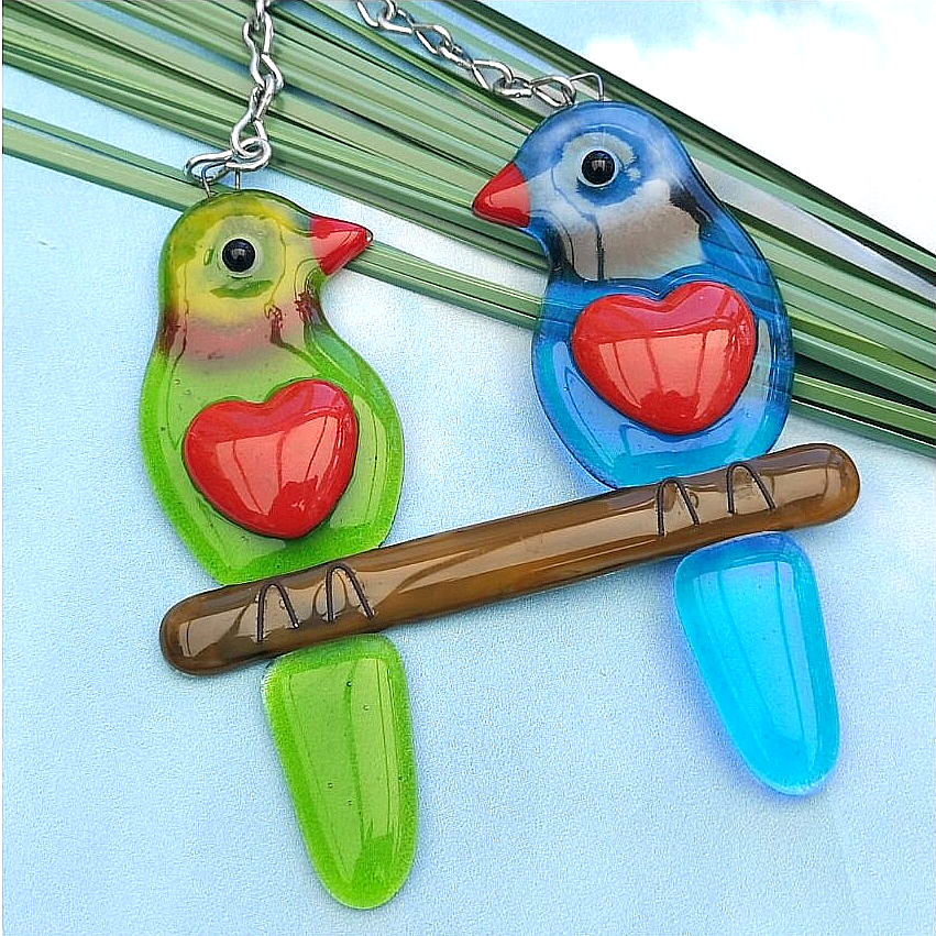 Handmade fused glass Lovebirds Hanging Decoration. Valentine birds suncatcher gift. Romantic, love, message from the heart, nature, bird lover present. Girlfriend, boyfriend, partner, husband, wife keepsake, wedding, engagement gift.