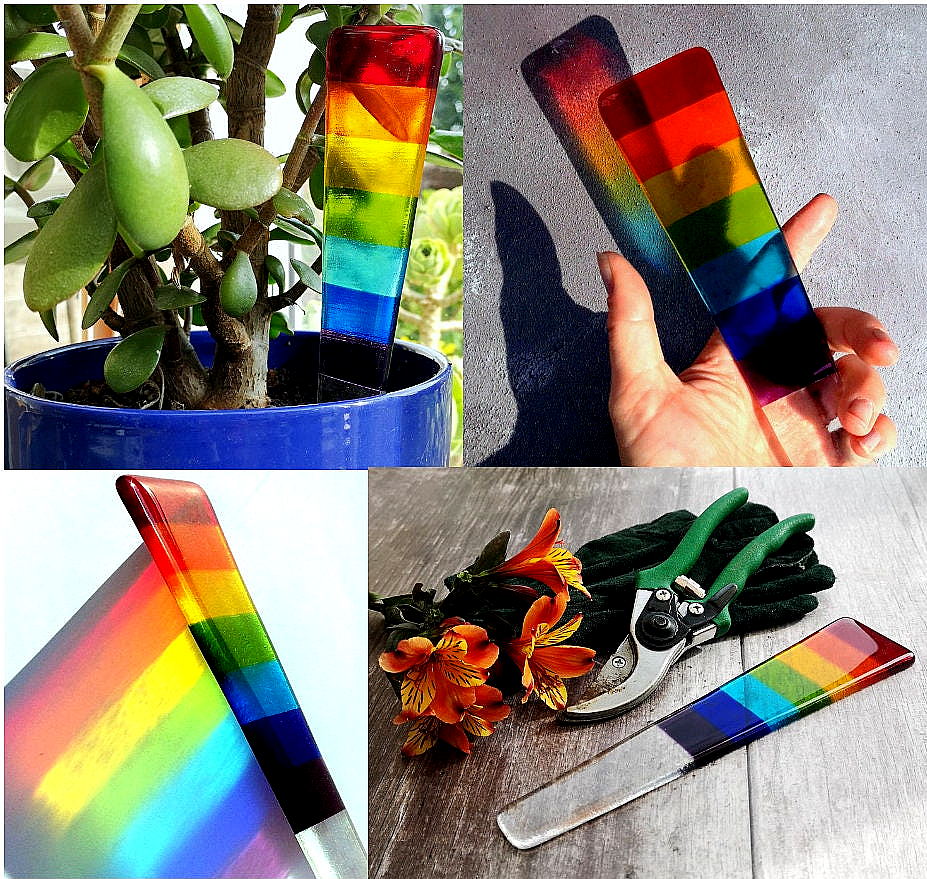 Handmade fused glass rainbow plant pot suncatcher. Colourful plant marker ornament. Rainbow striped plant stake. Herb, vegetable, flower, fruit garden.