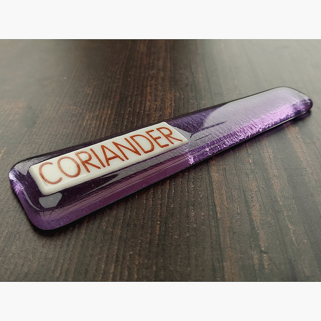 Handmade colourful fused glass plant labels that won't fade or rot with sunlight or moisture. Personalised plant markers for pot plants. Garden lover gift.