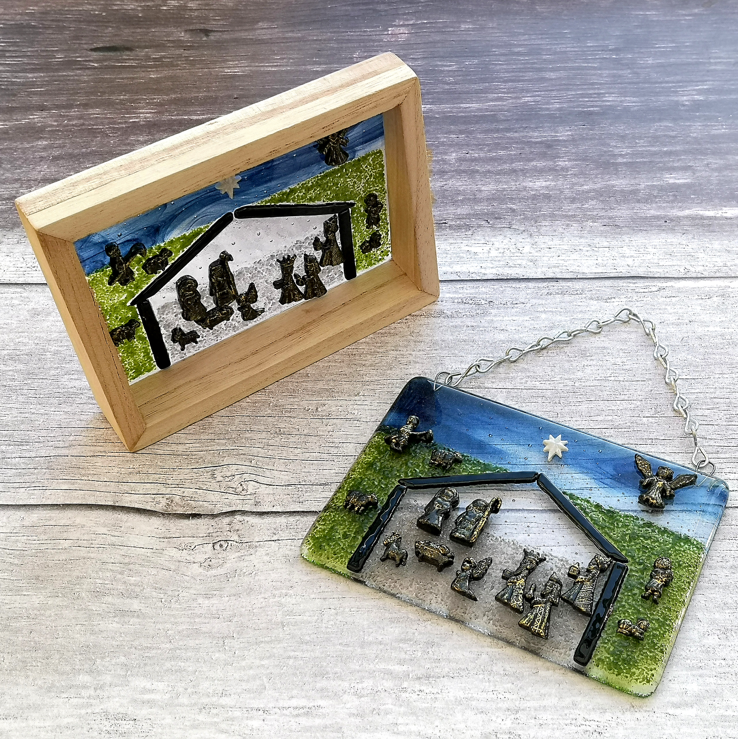 Handmade fused glass nativity scene hanging picture or free standing wooden frame. Decoration ornament, Christmas decor, festive gift, present. 3 wise men, baby Jesus in a manger.