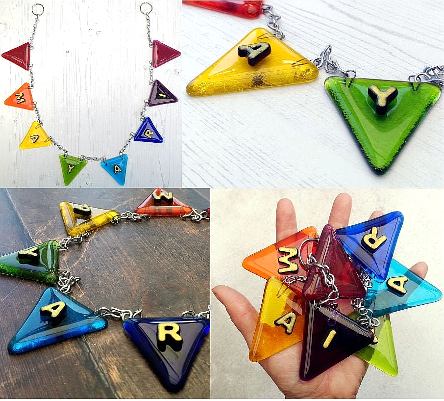 Handmade fused glass personalised name bunting. Customised 3D name plaque. Child's name door sign. Colourful glass bunting, name plate, new baby gift. Expecting Mum present.