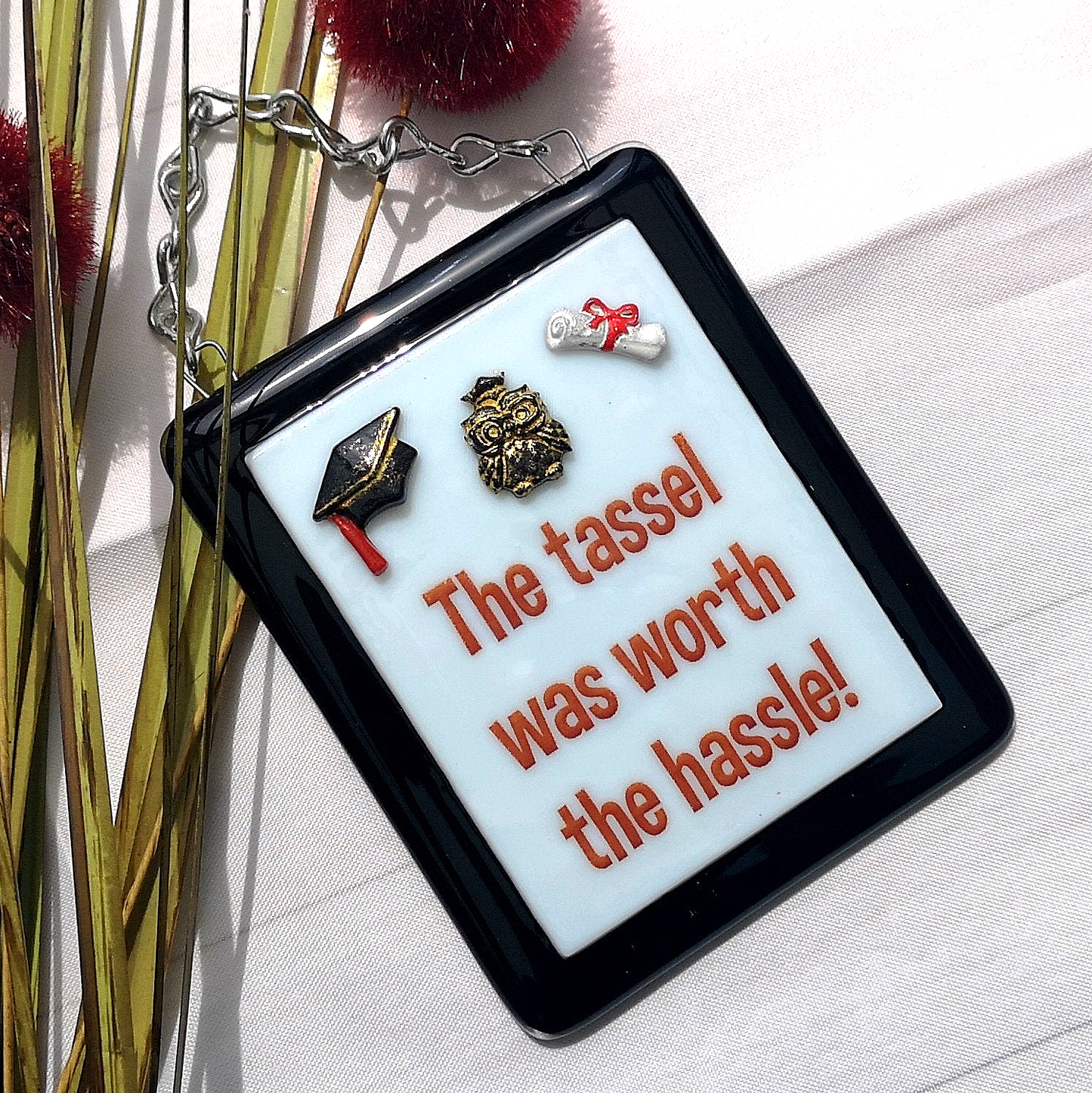 Handmade fused glass 'The tassel was worth the hassle' hanging picture. Custom, customised decoration award present. Personalised name gift for graduate, masters, doctorate degree. Name plaque certificate. Congratulations graduation.