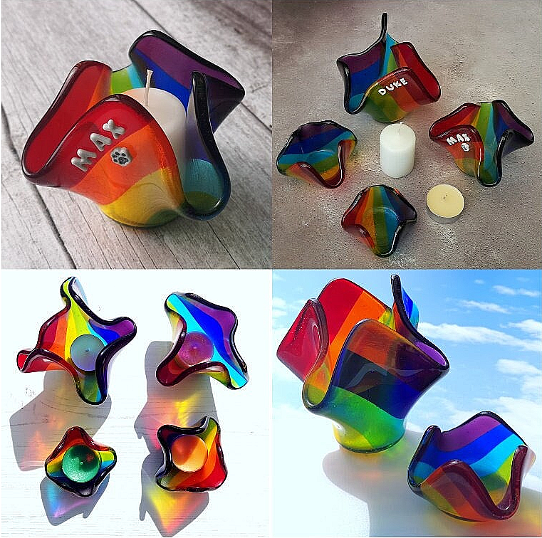Handmade fused glass rainbow tealight candle holder. 3D pet paw prints. Personalised 3D name. Brightly coloured glass gift. Suncatcher, light catcher. Gift for pet loss, remembrance.