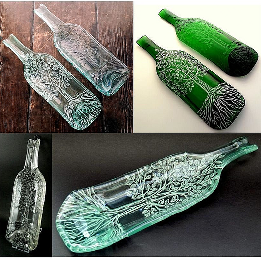 Handmade Fused Glass Recycled Wine Bottle Tree Of Life Dish. Squashed Slumped Bottle Serving Plate - Eco Gift Zero Waste Reclaimed Upcycled - Spoon Rest.