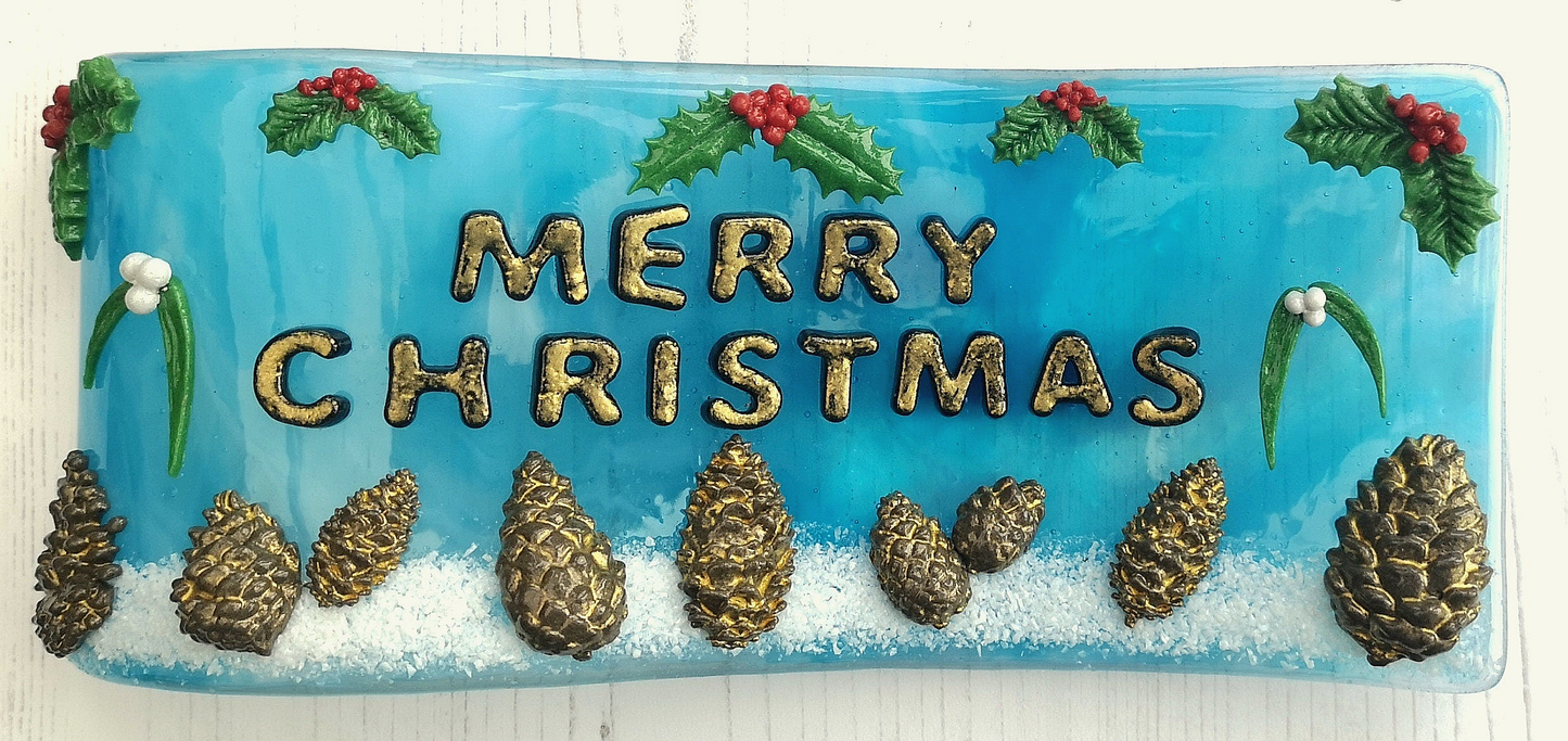 Handmade fused glass 3D merry Christmas free standing curved picture decoration, festive present pine cone mistletoe holly snow wreath xmas scene