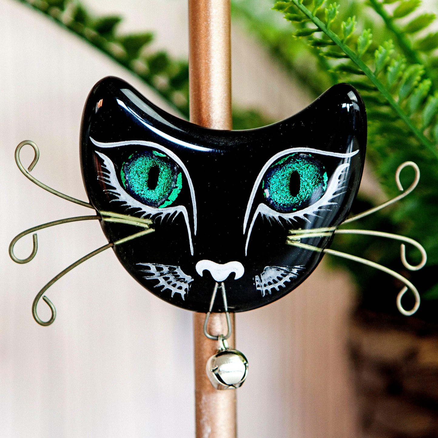 Handmade fused glass cat face fridge magnet. Reflective dichroic glass eyes. Magnetic cat lover gift, crazy cat, black cat, hand painted lucky cat. Feline kitten gift.