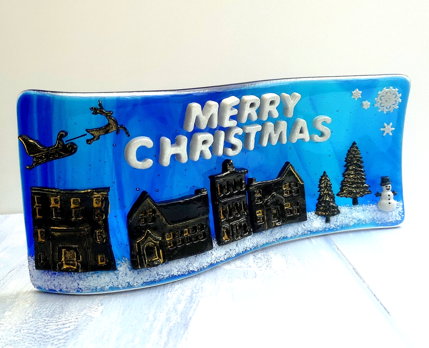 Handmade fused glass 3D merry Christmas free standing curved picture decoration, festive present, santa sleigh reindeer roof top snowy Xmas scene