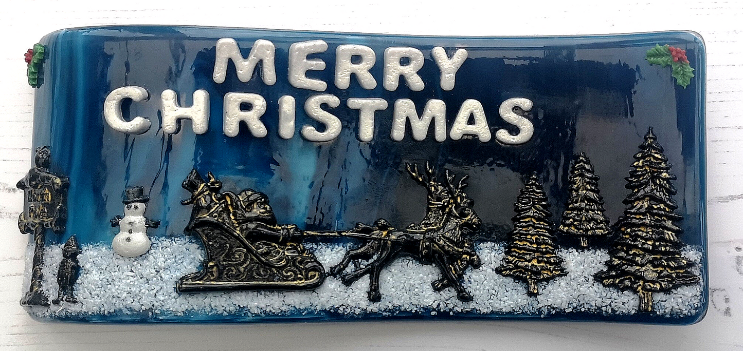 Handmade fused glass 3D merry Christmas free standing curved picture decoration, festive present, santa sleigh, reindeer north pole elf Xmas scene