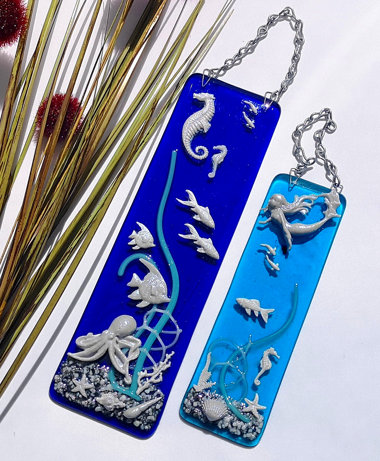 Handmade fused glass 3D Under The Sea hanging picture, suncatcher. Ocean wall art, nature, nautical gift decoration, glass fish, wave, sea shells, mermaid, sea horse.