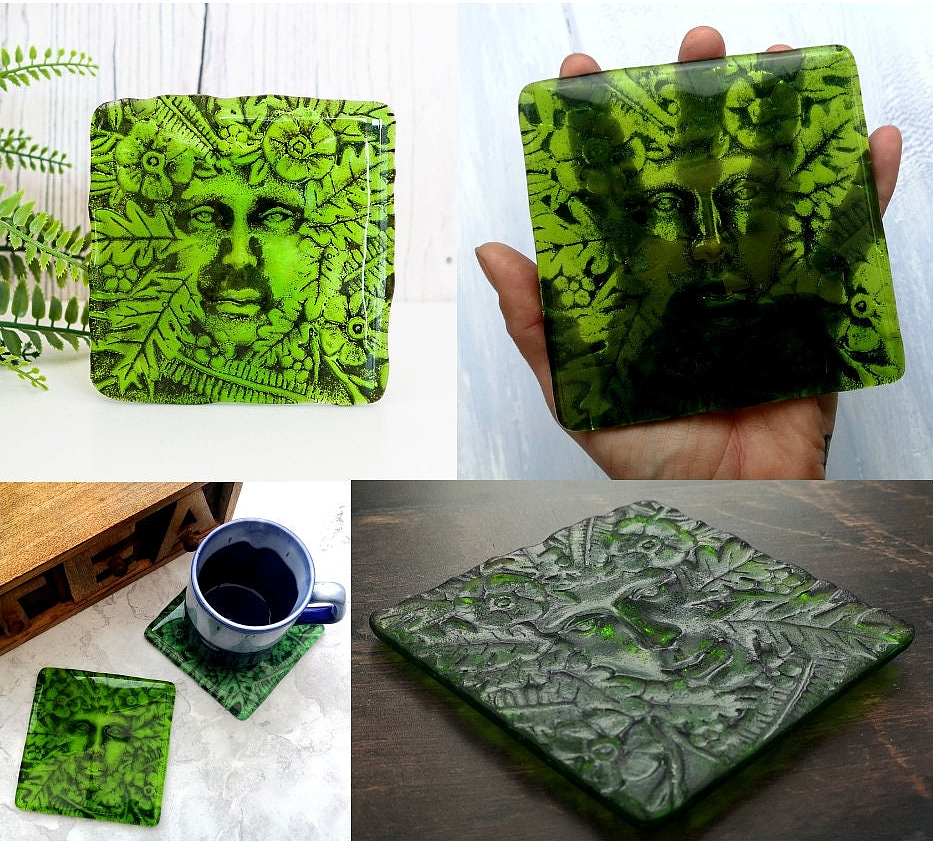 Handmade fused glass Lady Of The Woods drinks coaster. Green man face place mat. Leaf man, green woman glass tile. Nature lover gift. Pagan gift.