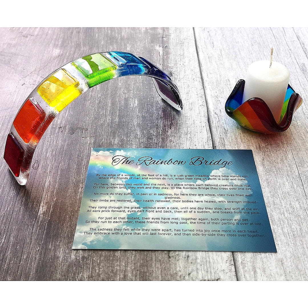 Handmade fused glass curved rainbow bridge. 3D pet paw prints. Free standing rainbow arch, rainbow steps. Brightly coloured glass gift. Suncatcher, light catcher. Gift for pet loss, remembrance.