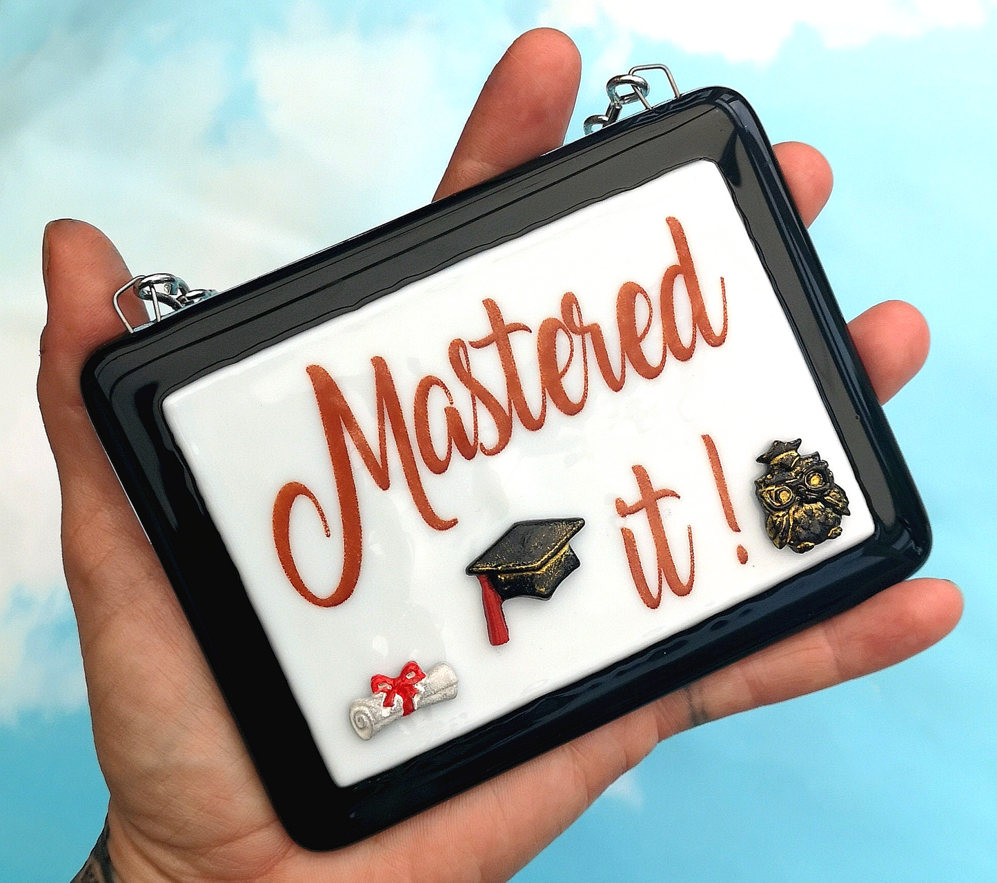 Handmade fused glass 'Mastered It' hanging picture. Custom, customised decoration award present. Personalised name gift for graduate, masters, doctorate degree. Name plaque certificate. Congratulations graduation.
