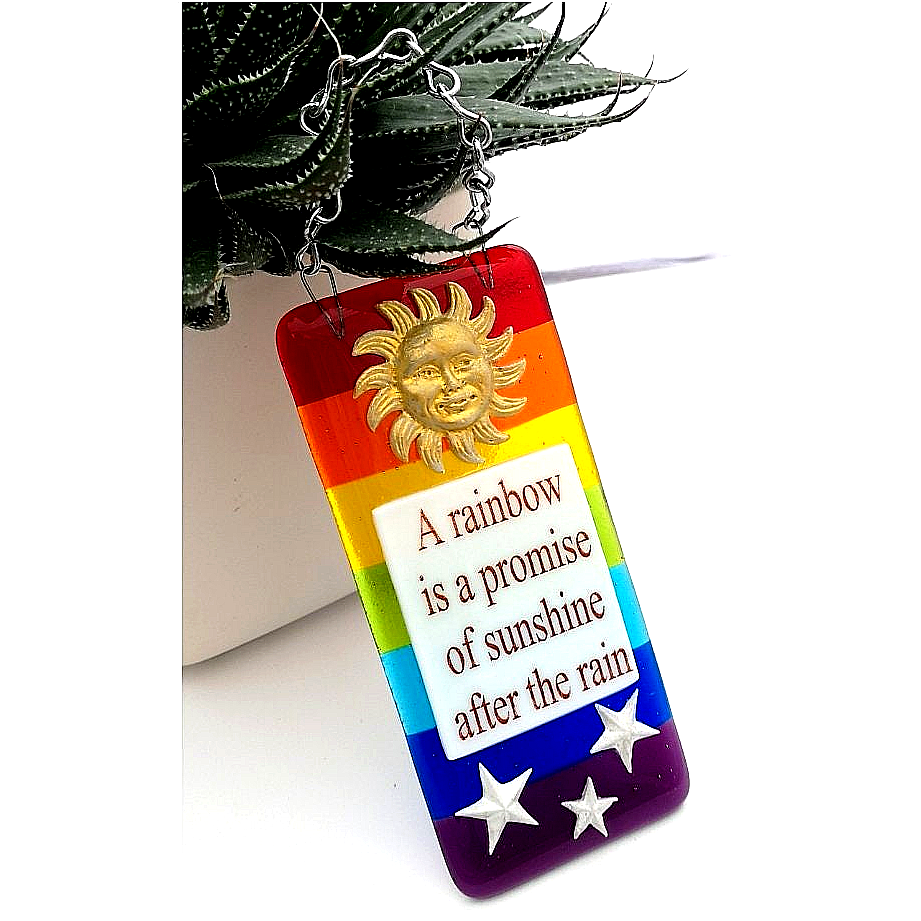 Handmade fused glass Rainbow Is A Promise Of Sunshine After The Rain hanging picture suncatcher. Inspirational gift, funny card, humorous quote plaque, positive message sign.