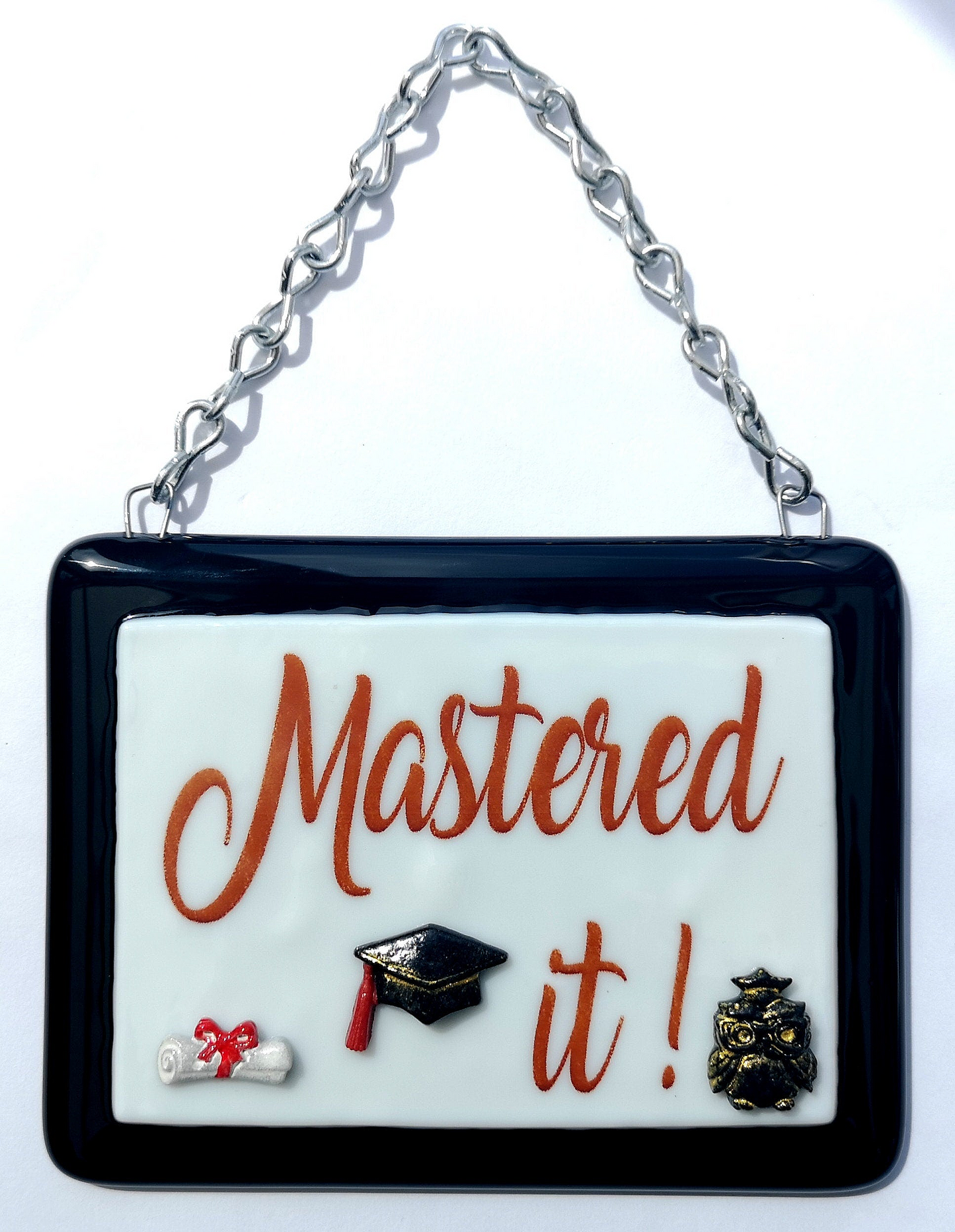 Handmade fused glass 'Mastered It' hanging picture. Custom, customised decoration award present. Personalised name gift for graduate, masters, doctorate degree. Name plaque certificate. Congratulations graduation.
