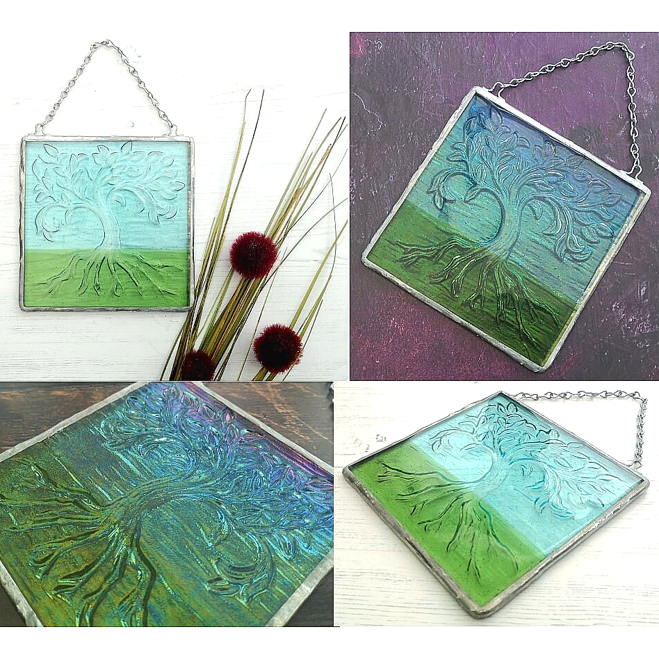 Handmade fused glass Tree Of Life hanging picture. Wall plaque suncatcher, nature. Iridised glass, sacred tree light catcher.