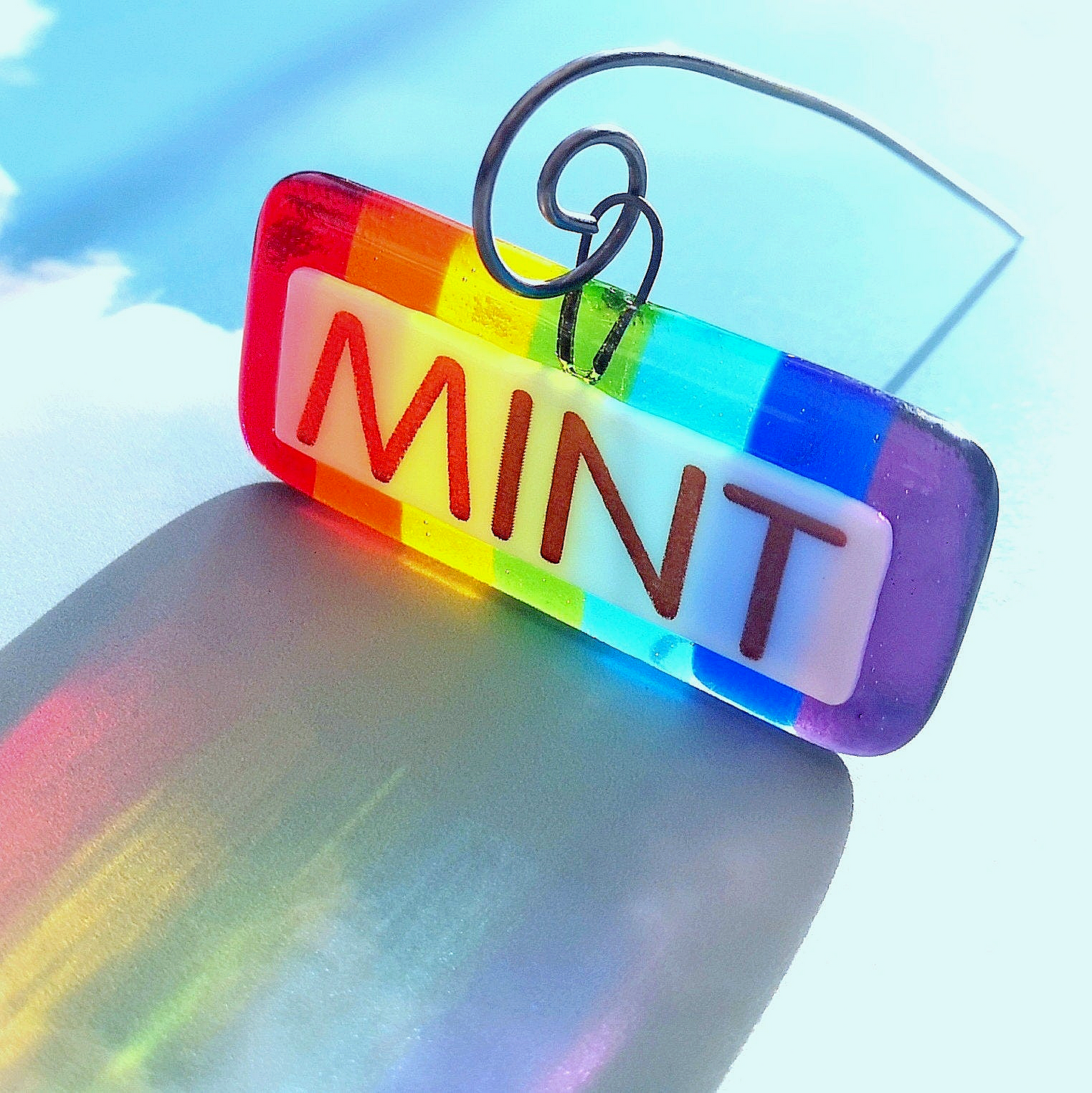 Handmade fused glass personalised hanging plant label. Colourful plant marker. Rainbow garden plant stake. Herb, vegetable, flower, fruit name.