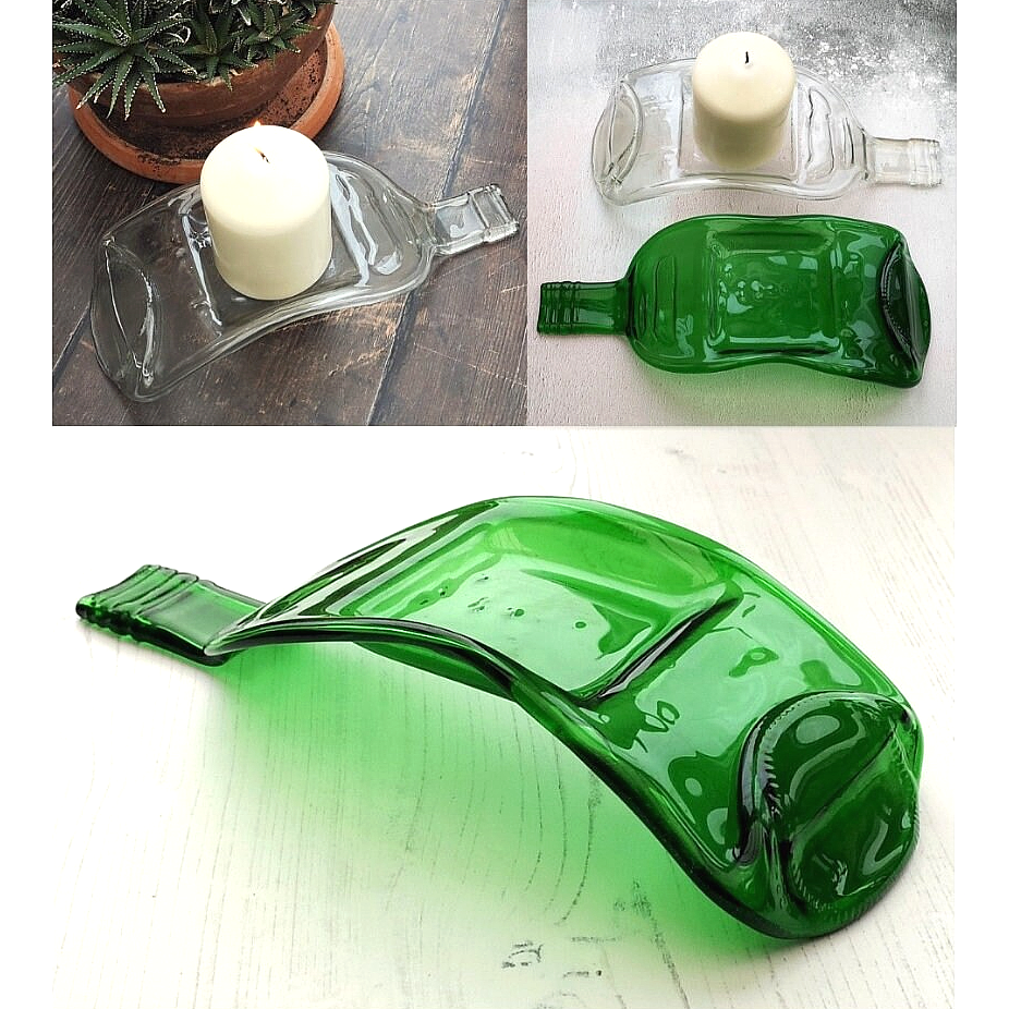 Handmade fused glass Recycled Wine Bottle Candle Holder. Squashed, slumped bottle serving dish. Eco gift, zero waste, reclaimed, upcycled tealight holder.