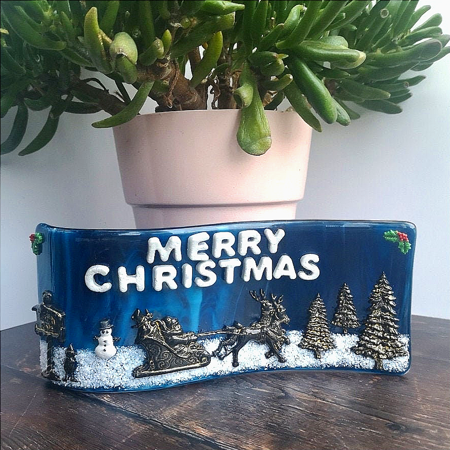 Handmade fused glass 3D merry Christmas free standing curved picture decoration, festive present, santa sleigh, reindeer north pole elf Xmas scene