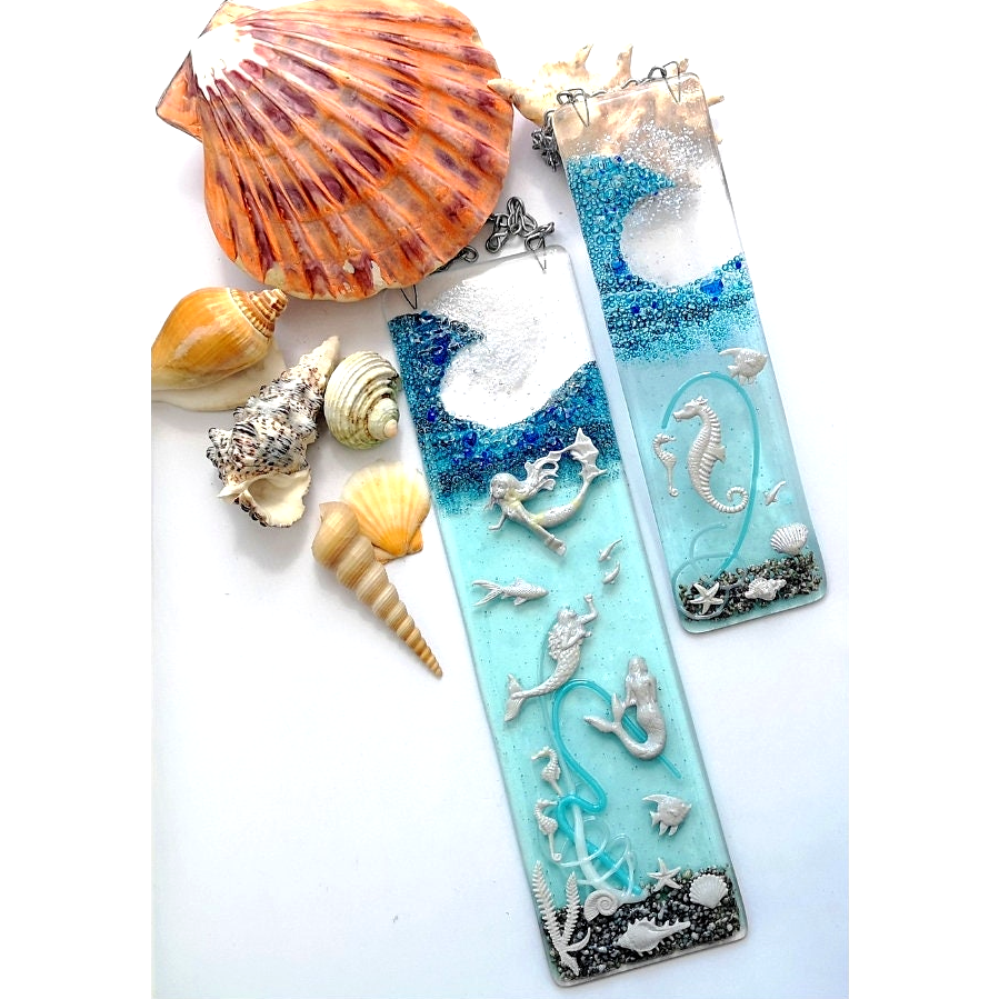 Handmade fused glass 3D Under The Sea hanging picture, suncatcher. Ocean wall art, nature, nautical gift decoration, glass fish, wave, sea shells, mermaid, sea horse.