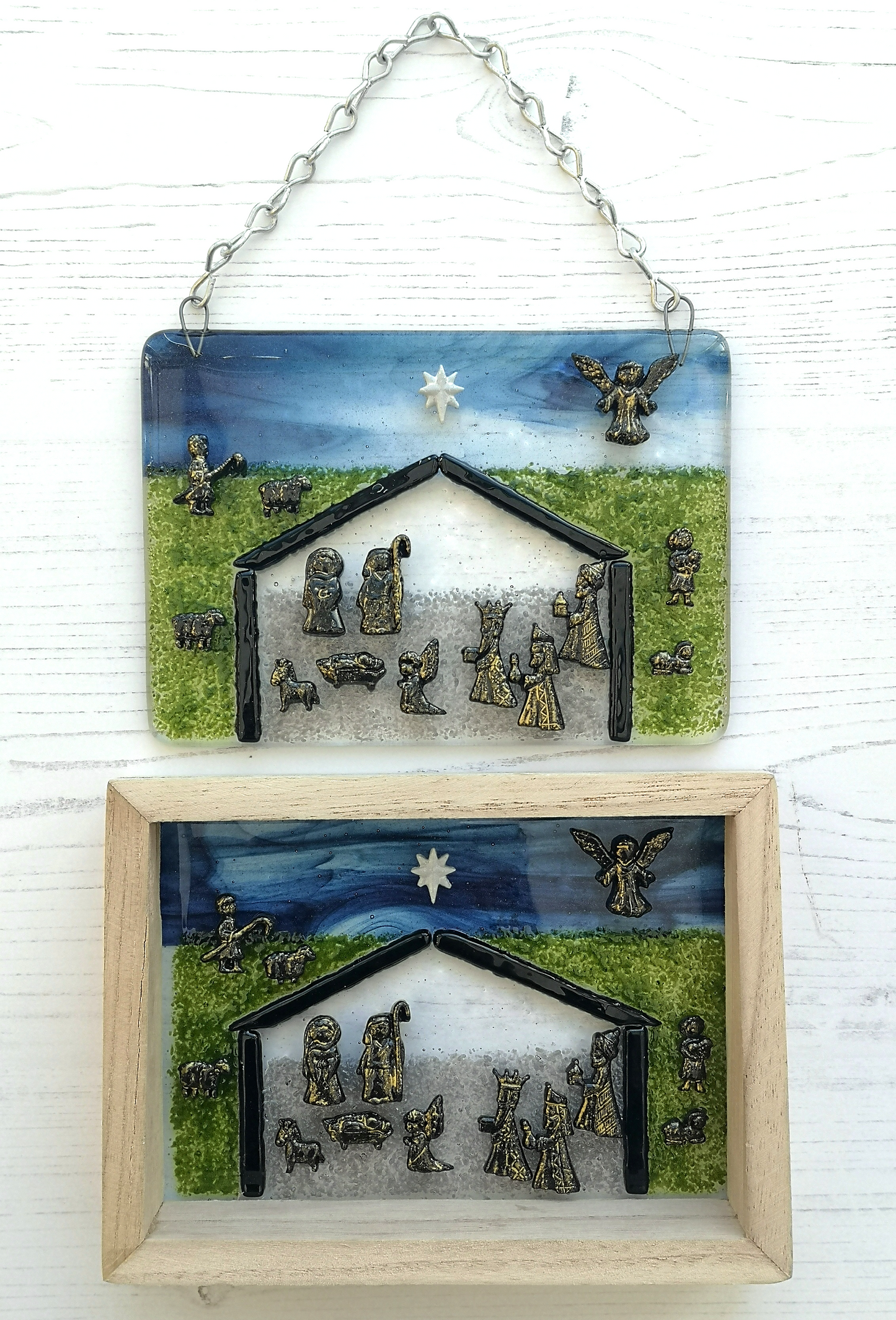 Handmade fused glass nativity scene hanging picture or free standing wooden frame. Decoration ornament, Christmas decor, festive gift, present. 3 wise men, baby Jesus in a manger.