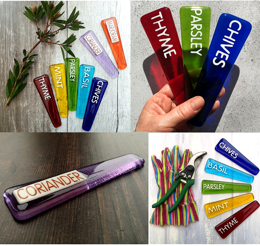 Handmade colourful fused glass plant labels that won't fade or rot with sunlight or moisture. Personalised plant markers for pot plants. Garden lover gift.