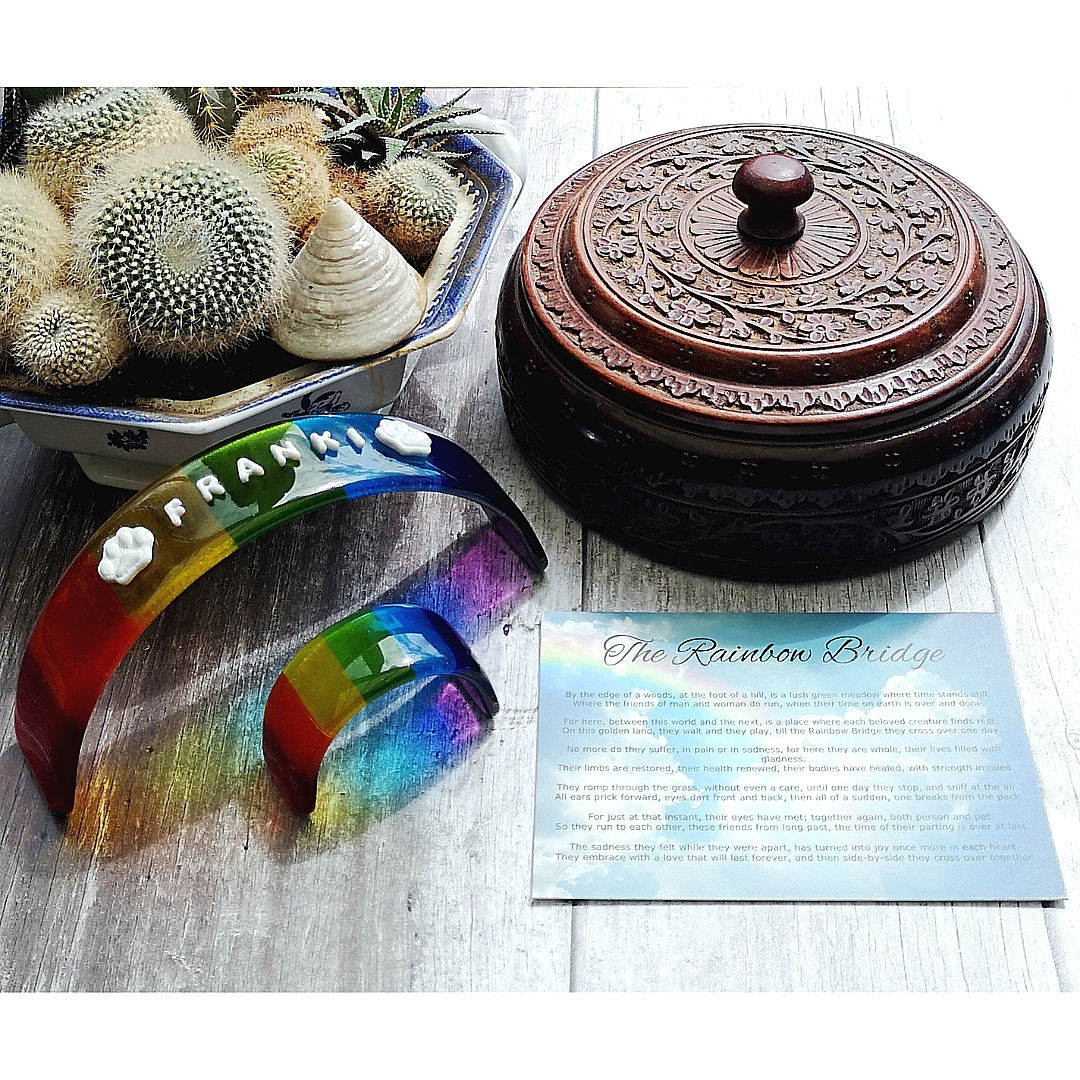 Handmade fused glass curved rainbow bridge. 3D pet paw prints. Free standing rainbow arch. Brightly coloured glass gift. Suncatcher, light catcher. Gift for pet loss, remembrance.