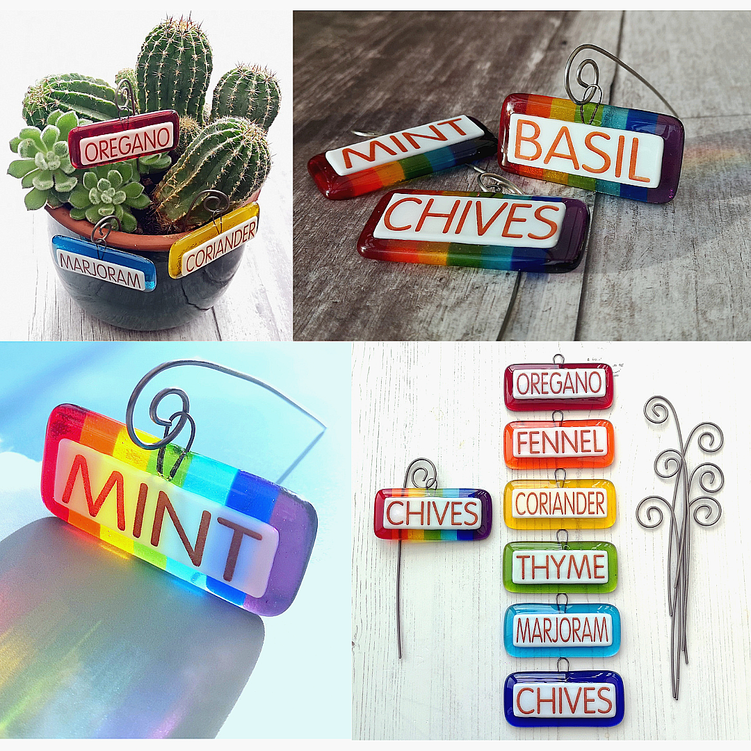 Handmade fused glass personalised hanging plant label. Colourful plant marker. Rainbow garden plant stake. Herb, vegetable, flower, fruit name.