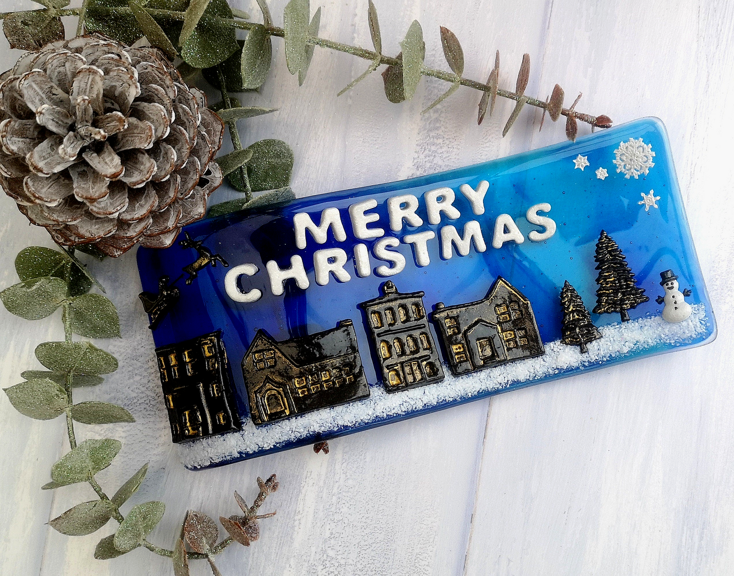 Handmade fused glass 3D merry Christmas free standing curved picture decoration, festive present, santa sleigh reindeer roof top snowy Xmas scene