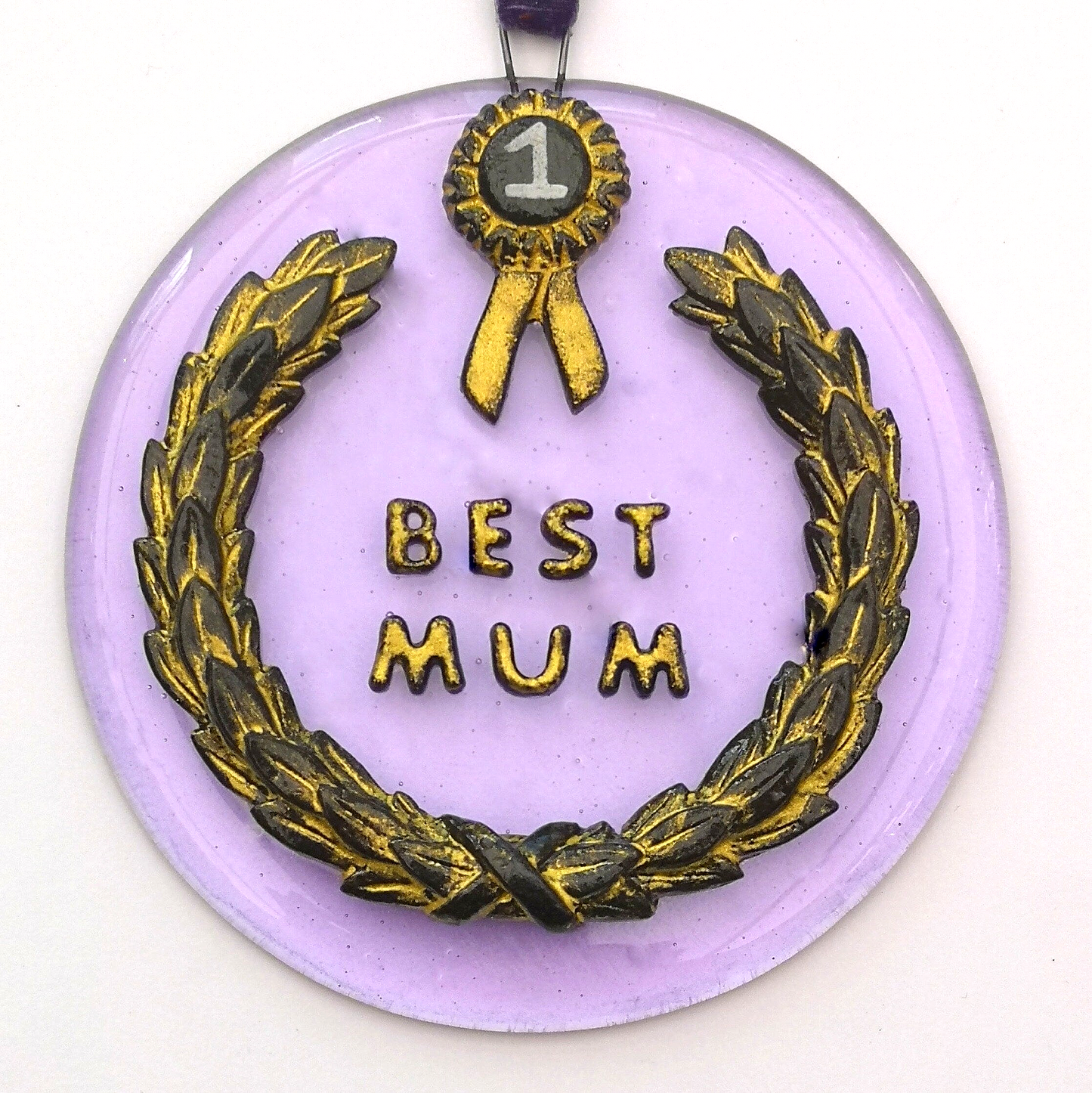 Handmade fused glass 3D Best Mum hanging picture decoration. Suncatcher, Mothers day present, gift for Mum, Dad, Nan, Grandmother. Rosette award.