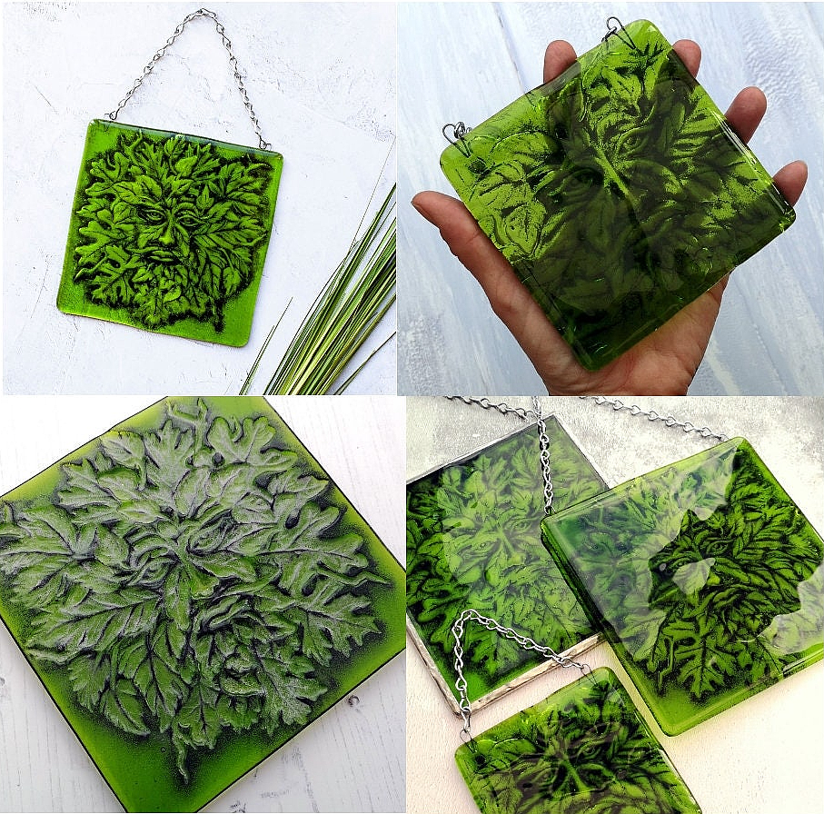 Handmade fused glass Greenman face hanging picture. Leaf man suncatcher, green glass tile plaque. Man of the woods wall art. Nature lover gift. Pagan gift.