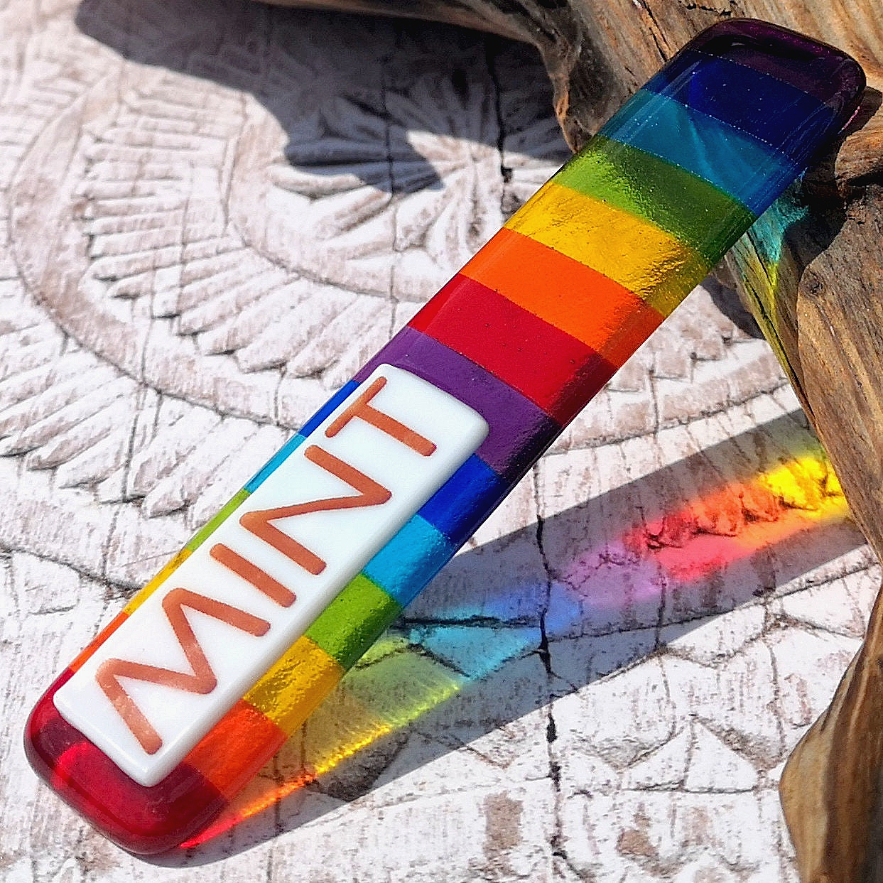 Handmade fused glass personalised rainbow plant label. Colourful plant marker. Rainbow striped garden plant stake. Herb, vegetable, flower, fruit name.