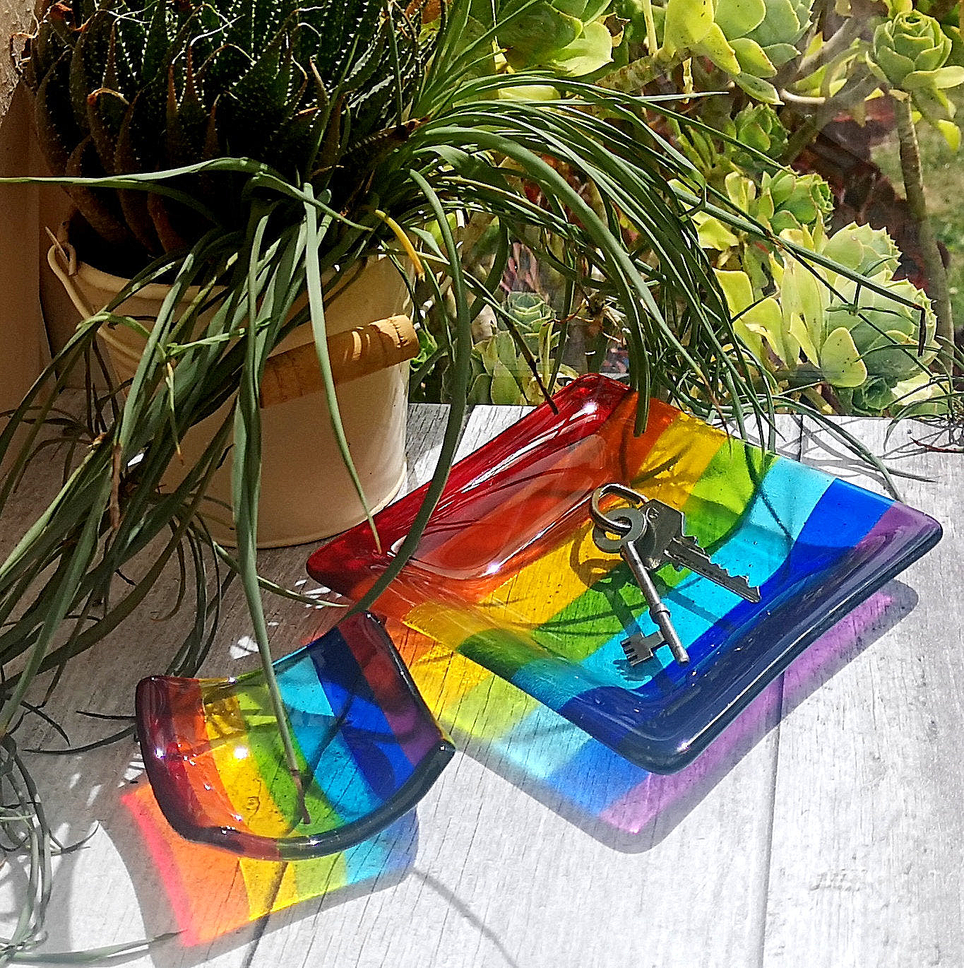Handmade fused glass rainbow colour bowl. Rainbow striped colourful glass dish. Six different size square or rectangle serving plates to choose from. Multicoloured rainbow trinket bowl. Brightly coloured gift. Rainbow gift.
