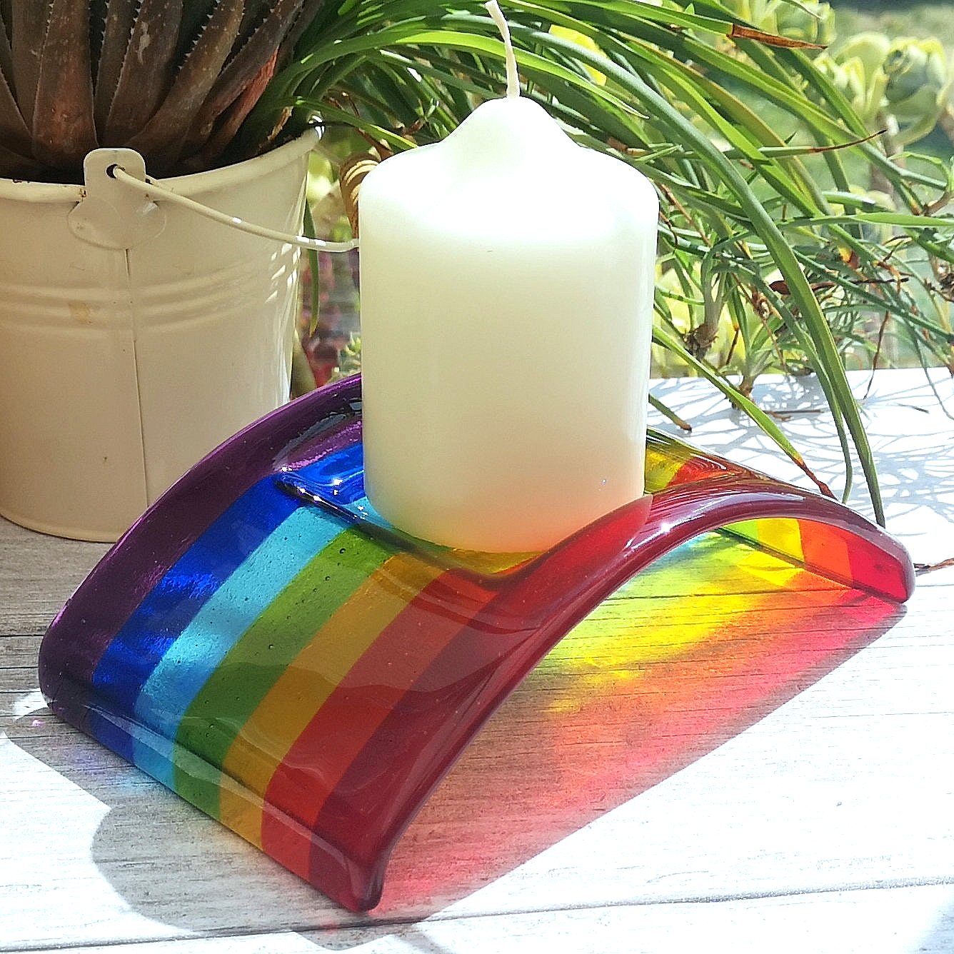 Handmade fused glass curved rainbow bridge candle holder. Free standing rainbow arch tealight candle holder. Brightly coloured glass gift. Suncatcher, light catcher. Gift for pet loss, remembrance.