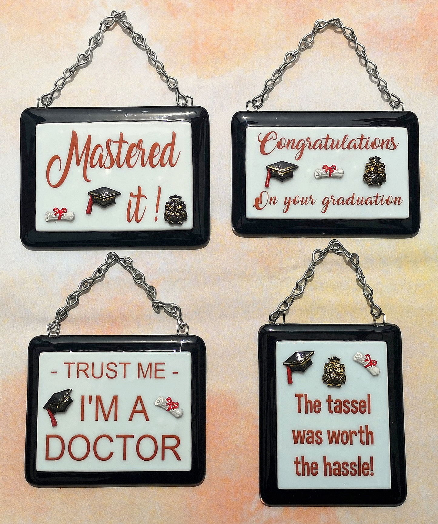 Handmade fused glass 'The tassel was worth the hassle' hanging picture. Custom, customised decoration award present. Personalised name gift for graduate, masters, doctorate degree. Name plaque certificate. Congratulations graduation.
