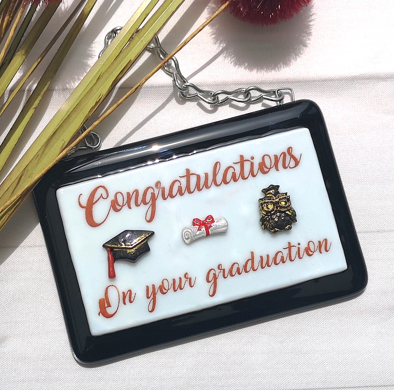 Handmade fused glass Congratulations On Your Graduation hanging picture. Custom, customised decoration award present. Personalised name gift for graduate, masters, doctorate degree. Name plaque certificate.