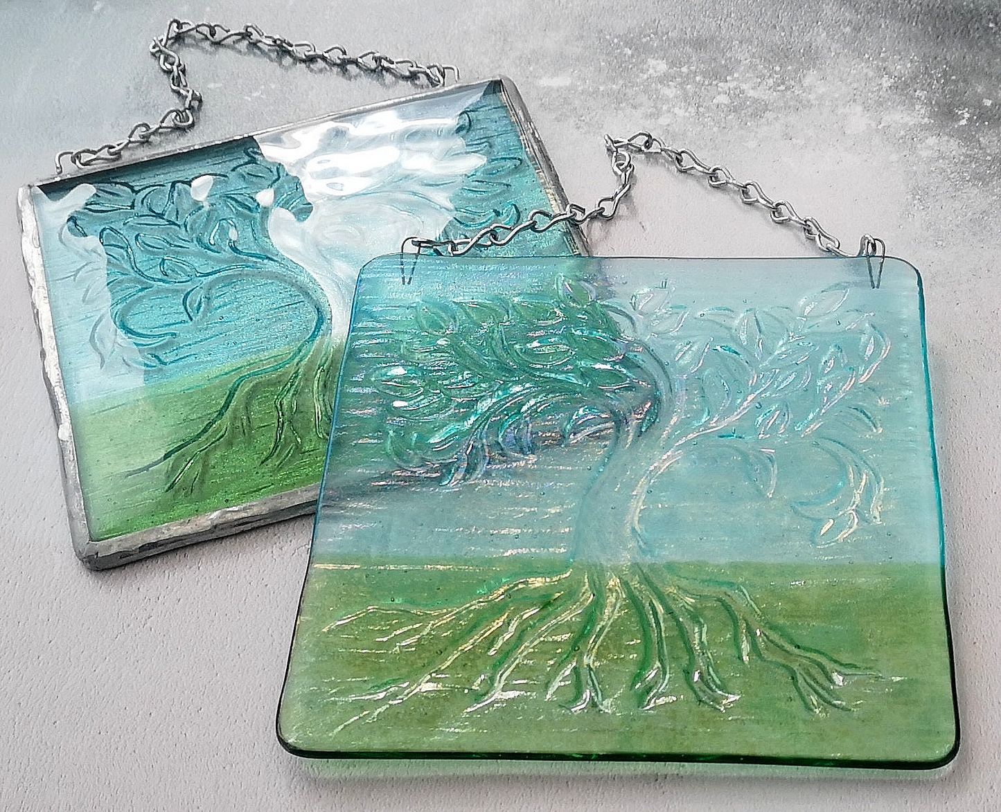 Handmade fused glass Tree Of Life hanging picture. Wall plaque suncatcher, nature. Iridised glass, sacred tree light catcher.