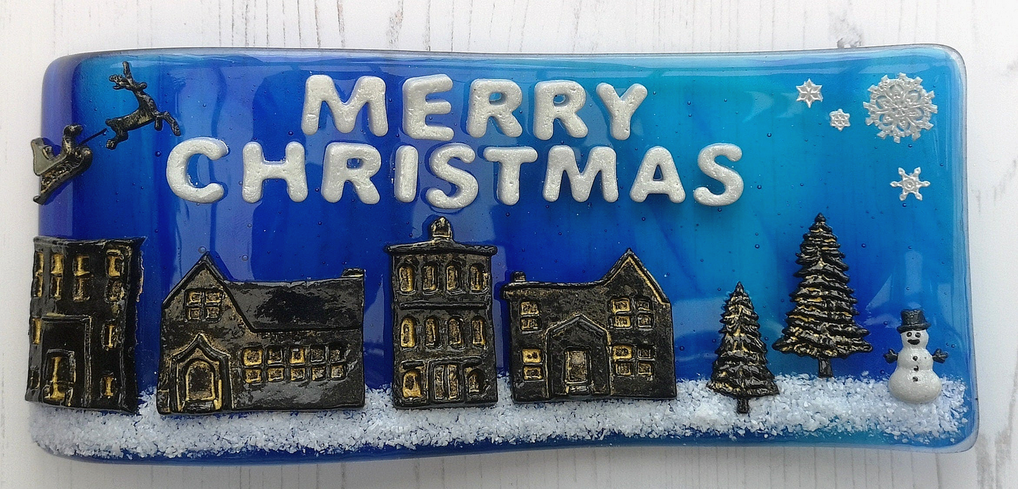 Handmade fused glass 3D merry Christmas free standing curved picture decoration, festive present, santa sleigh reindeer roof top snowy Xmas scene