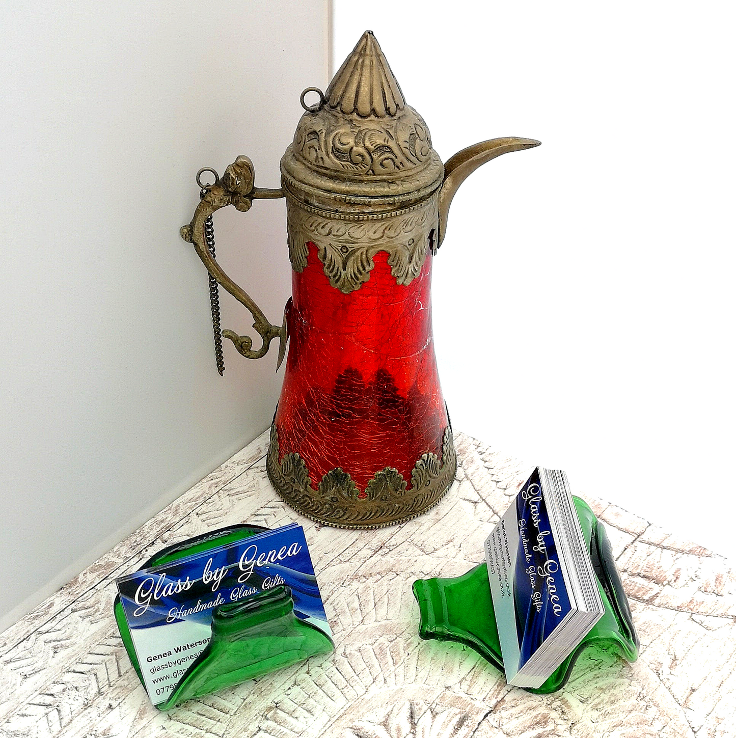 Handmade fused glass Recycled Stubby Beer Bottle Business Card Holder. Squashed, slumped bottle display stand. Eco gift, zero waste, reclaimed, upcycled glass storage.