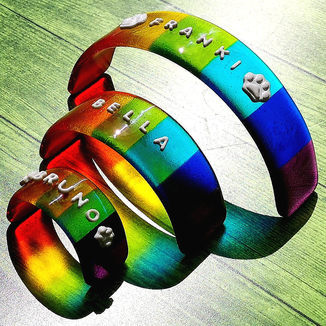 Handmade fused glass curved rainbow bridge. 3D pet paw prints. Free standing rainbow arch. Brightly coloured glass gift. Suncatcher, light catcher. Gift for pet loss, remembrance.