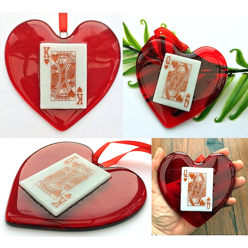 Handmade fused glass Red King / Queen Of Hearts / Diamonds Hanging Decoration. Valentine suncatcher gift. Romantic, love, message from the heart present. Girlfriend, boyfriend, partner, husband, wife, Mum, Dad, friend. Playing card deck.