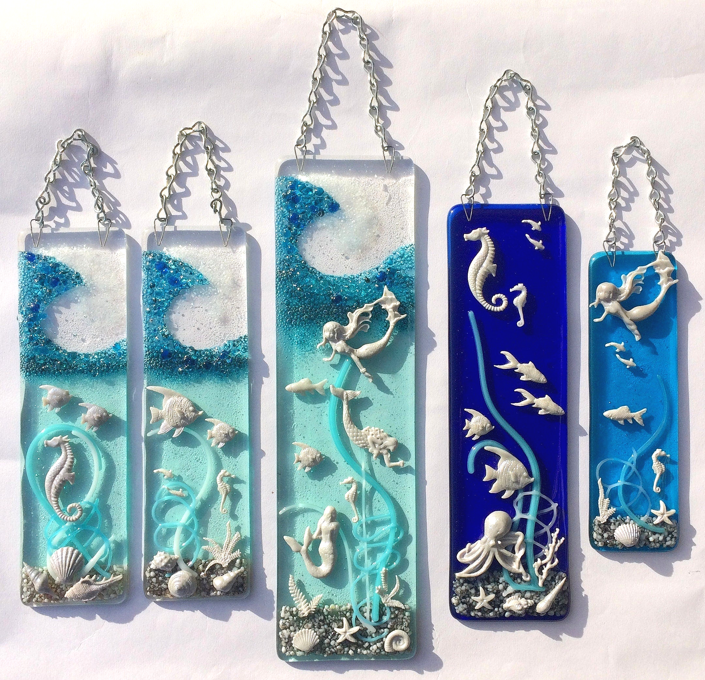 Handmade fused glass 3D Under The Sea hanging picture, suncatcher. Ocean wall art, nature, nautical gift decoration, glass fish, wave, sea shells, mermaid, sea horse.