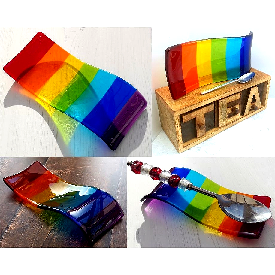 Handmade fused glass free standing Rainbow Curved Picture Suncatcher or Spoon Rest. Brightly coloured wavy light catcher, rainbow decor.