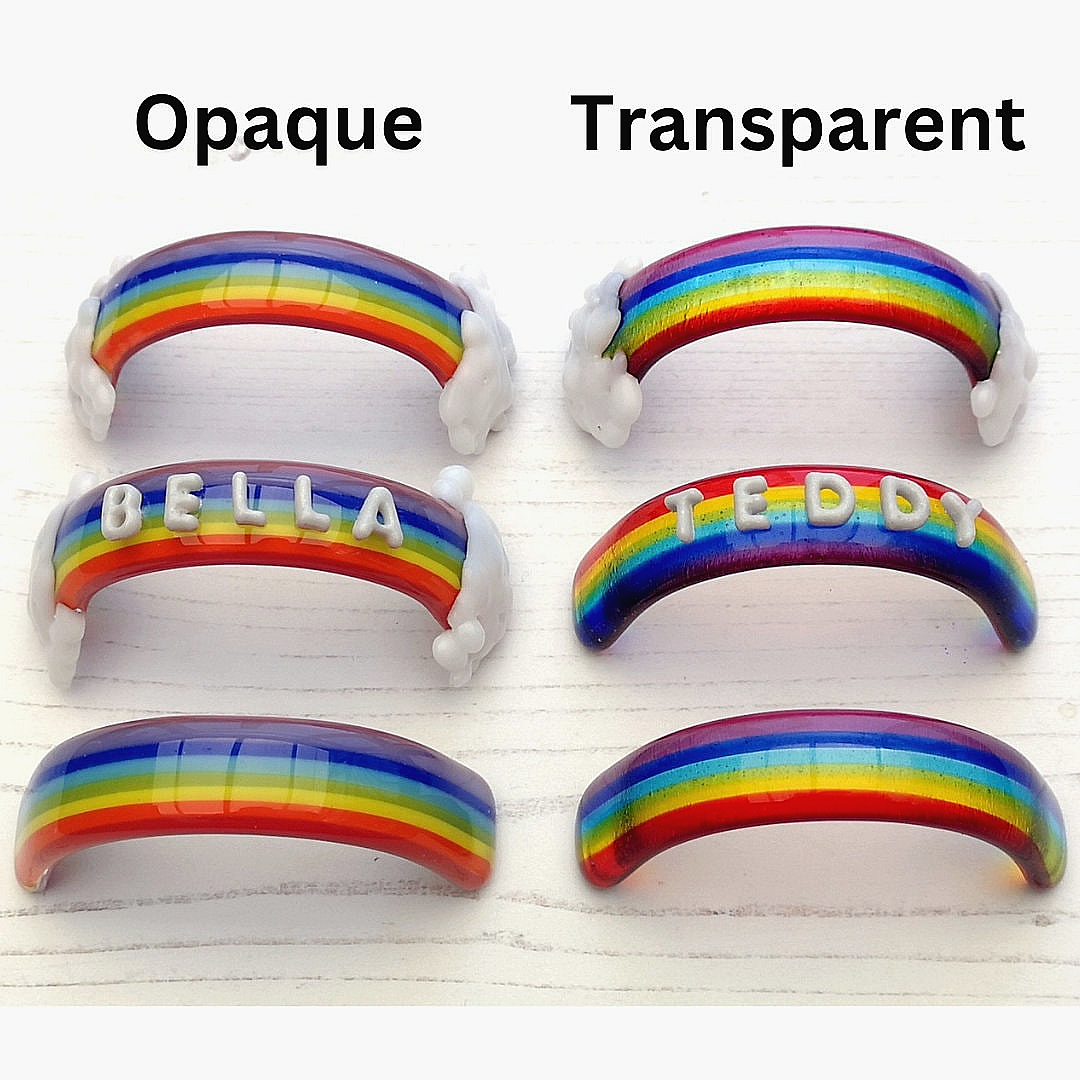Handmade fused glass curved rainbow bridge with clouds. Free standing personalised 3D name rainbow arch. Brightly coloured glass gift. Suncatcher, light catcher. Gift for pet loss, remembrance.