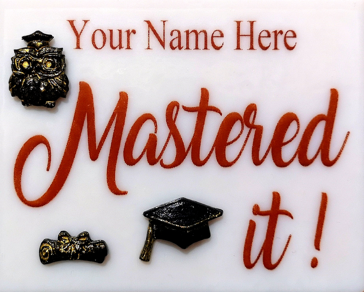 Handmade fused glass 'Mastered It' hanging picture. Custom, customised decoration award present. Personalised name gift for graduate, masters, doctorate degree. Name plaque certificate. Congratulations graduation.