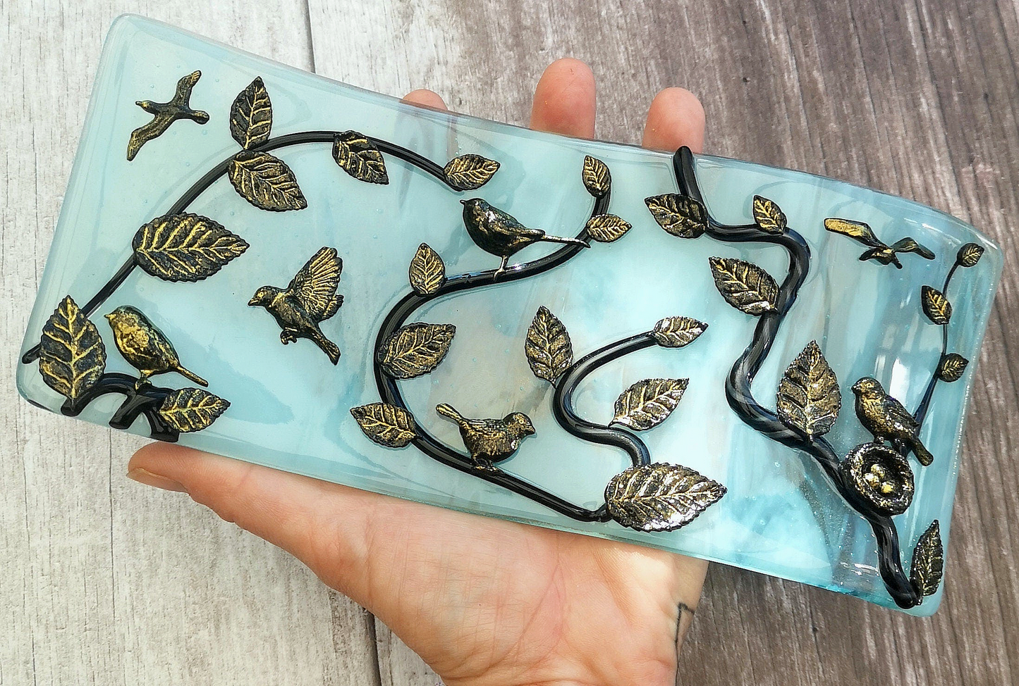 Handmade fused glass 3D Birds Free Standing Wavy, Curved Picture, suncatcher. Bird art, nature gift, decoration ornament, tree, leaves, nesting baby bird eggs, gold silhouette highlight.