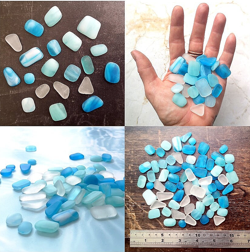 Assortment of tumbled glass pieces in light blue, turquoise, and clear hues, displayed to showcase their varying sizes and frosted, weathered sea glass look