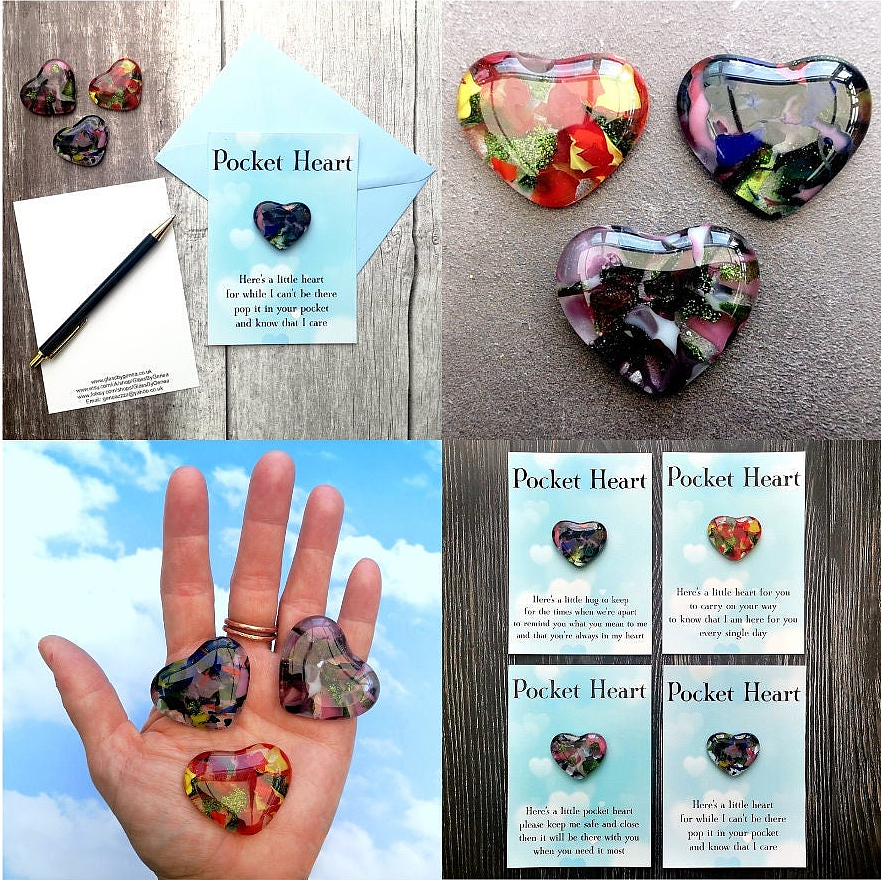 Handmade fused glass pocket heart on a postcard with envelope. 4 different messages to choose from. Pocket hug, wish stone, worry charm, keepsake. Glass heart message gift card, greeting card present. gift for the friend on-the-mend