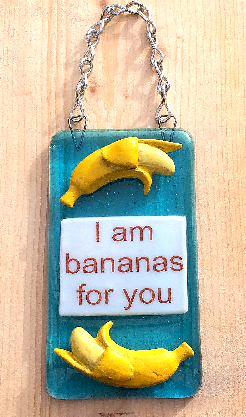 Handmade fused glass I Am Bananas For You Hanging Decoration. Valentine suncatcher gift. Romantic, love, message from the heart present. Girlfriend, boyfriend, partner, husband, wife.