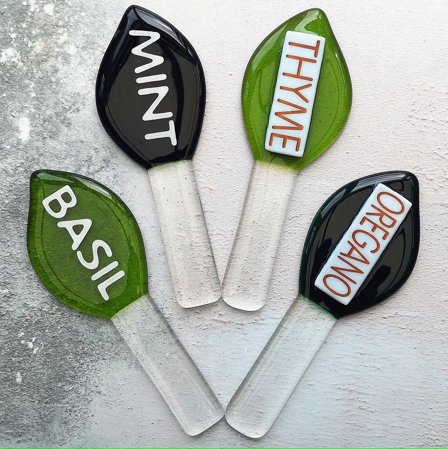 Handmade fused glass personalised plant label. Colourful plant marker. Leaf shaped garden plant stake. Herb, vegetable, flower, fruit name.